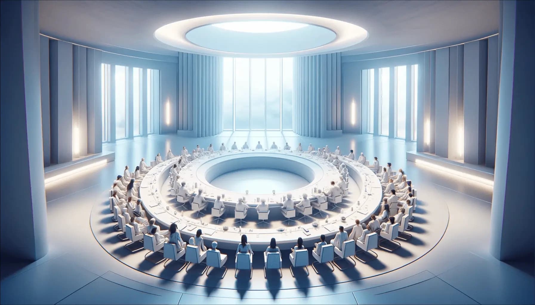 Modern conference room with people gathered around a circular table, discussing important issues, illuminated by natural light.